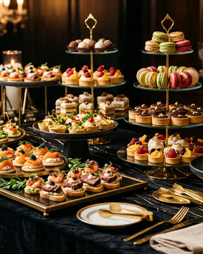 Gourmet catering buffet spread with canapes and dessert towers