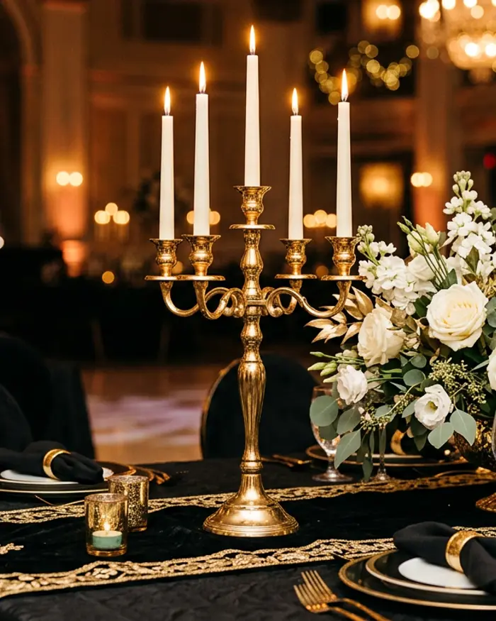 Close up of black and gold table decor with candles and white roses