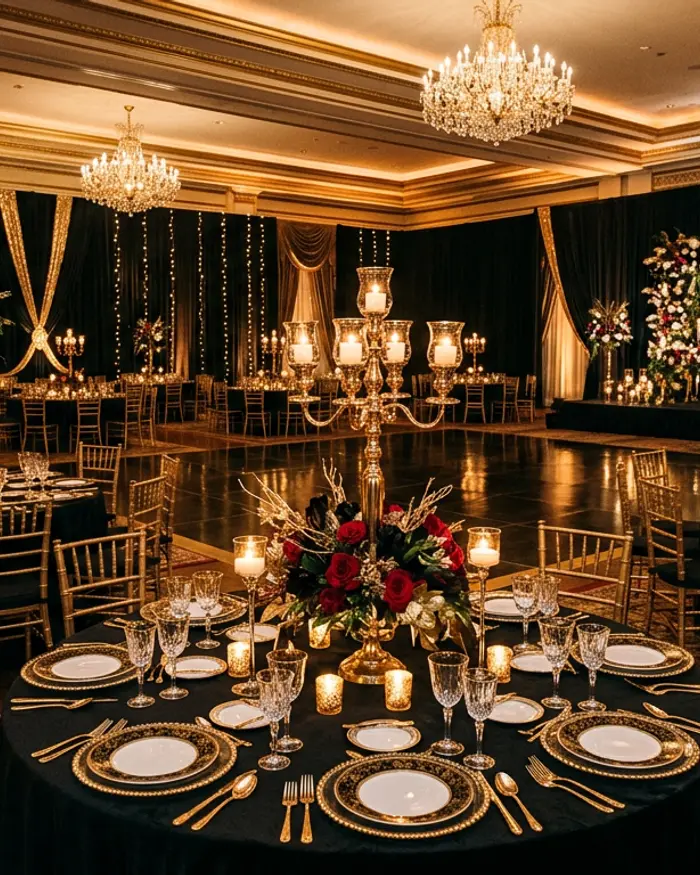 Gold and black wedding hall setup with candelabras and floral centerpieces